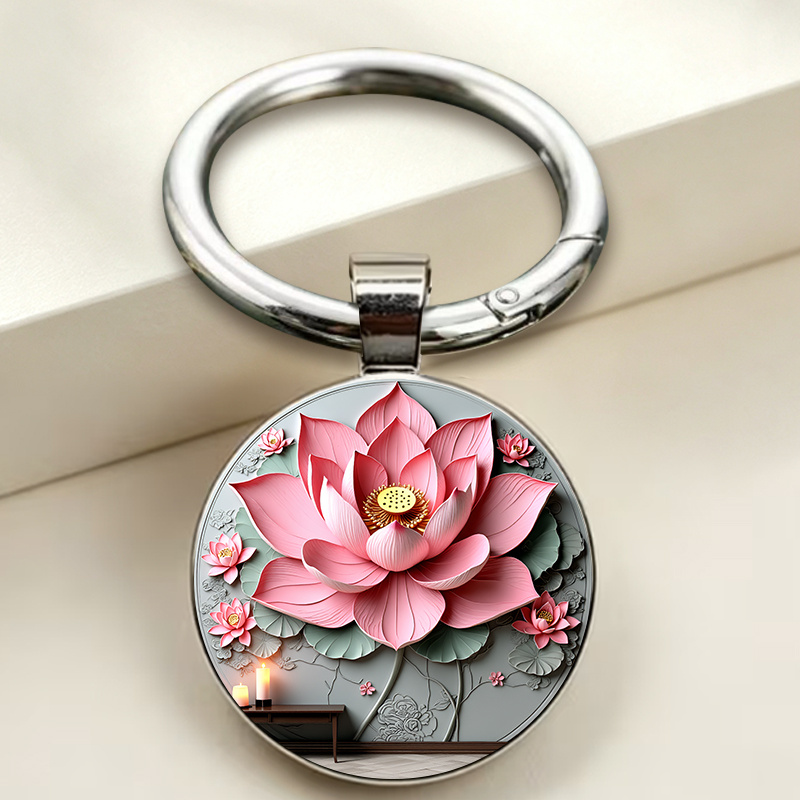 Chinese Style Round Keychain with Lotus Design